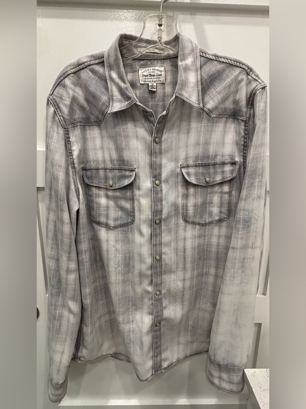 Lucky Brand Sugar Magic Wash Faded Gray Plaid Western Button-Down Shirt
